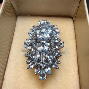 JTV 9.00 CTW Lab Grown Aquamarine Sterling Silver Rhodium Ring Size 7